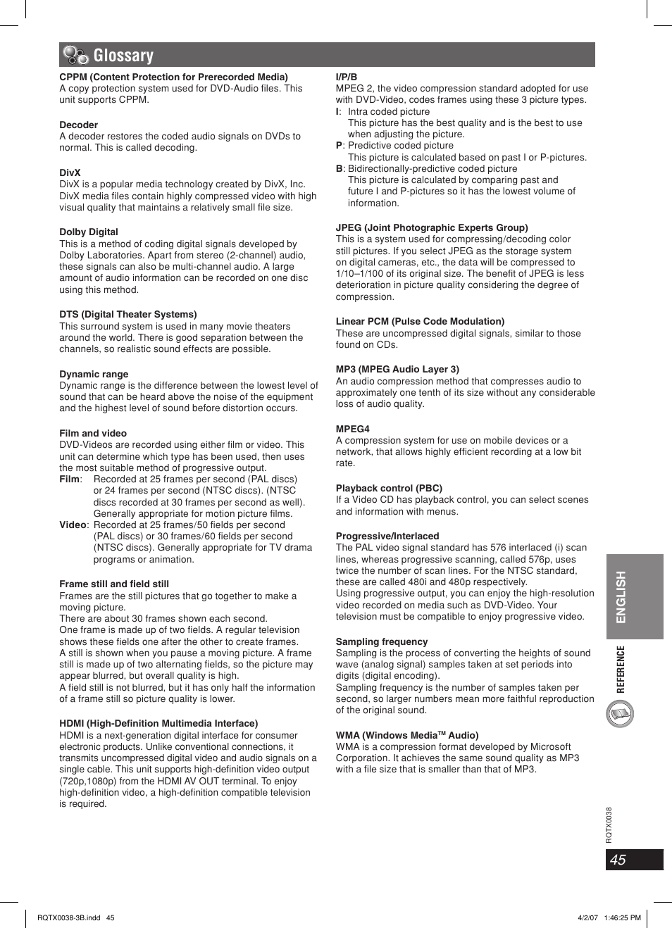 Glossary, English | Panasonic SC-PT850W User Manual | Page 45 / 48