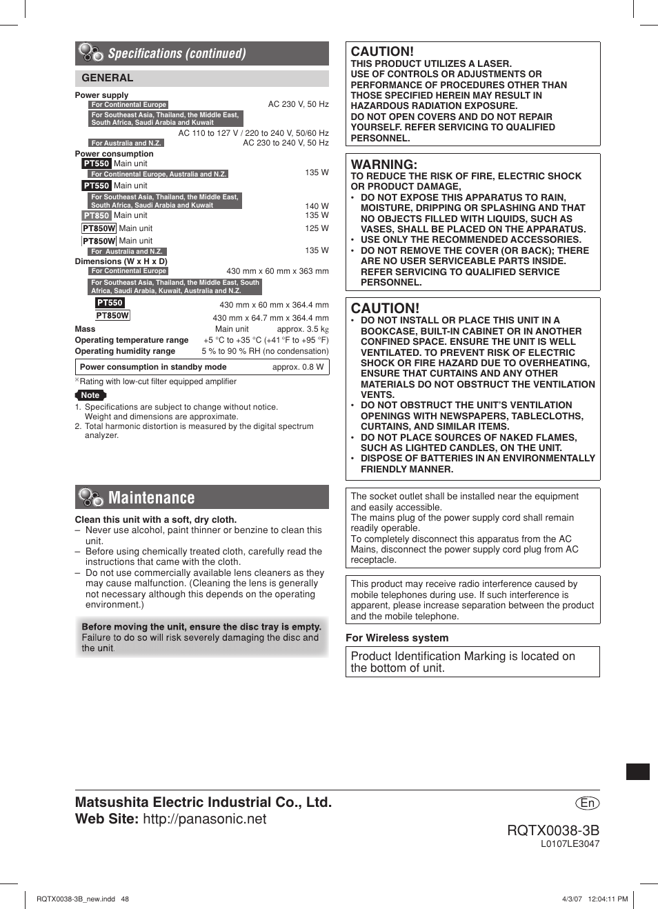 Maintenance, Caution, Warning | Specifi cations (continued) | Panasonic SC-PT850W User Manual | Page 48 / 48