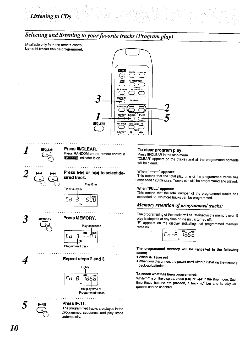 Press h/clear, Press ^ or to select desired track, Press memory | Repeat steps 2 and 3, Press ►/! i, To clear program play | Panasonic RX-ES50 User Manual | Page 10 / 32