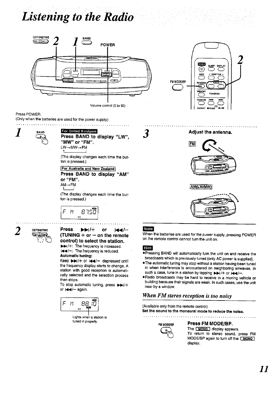 Mstemng to the radio, Press band to display “lw”, “mw” or “fm, Press band to display “am” or “fm | Adjust the antenna, Press fm mode/bp, Listening to the radio, F m 8150 | Panasonic RX-ES50 User Manual | Page 11 / 32