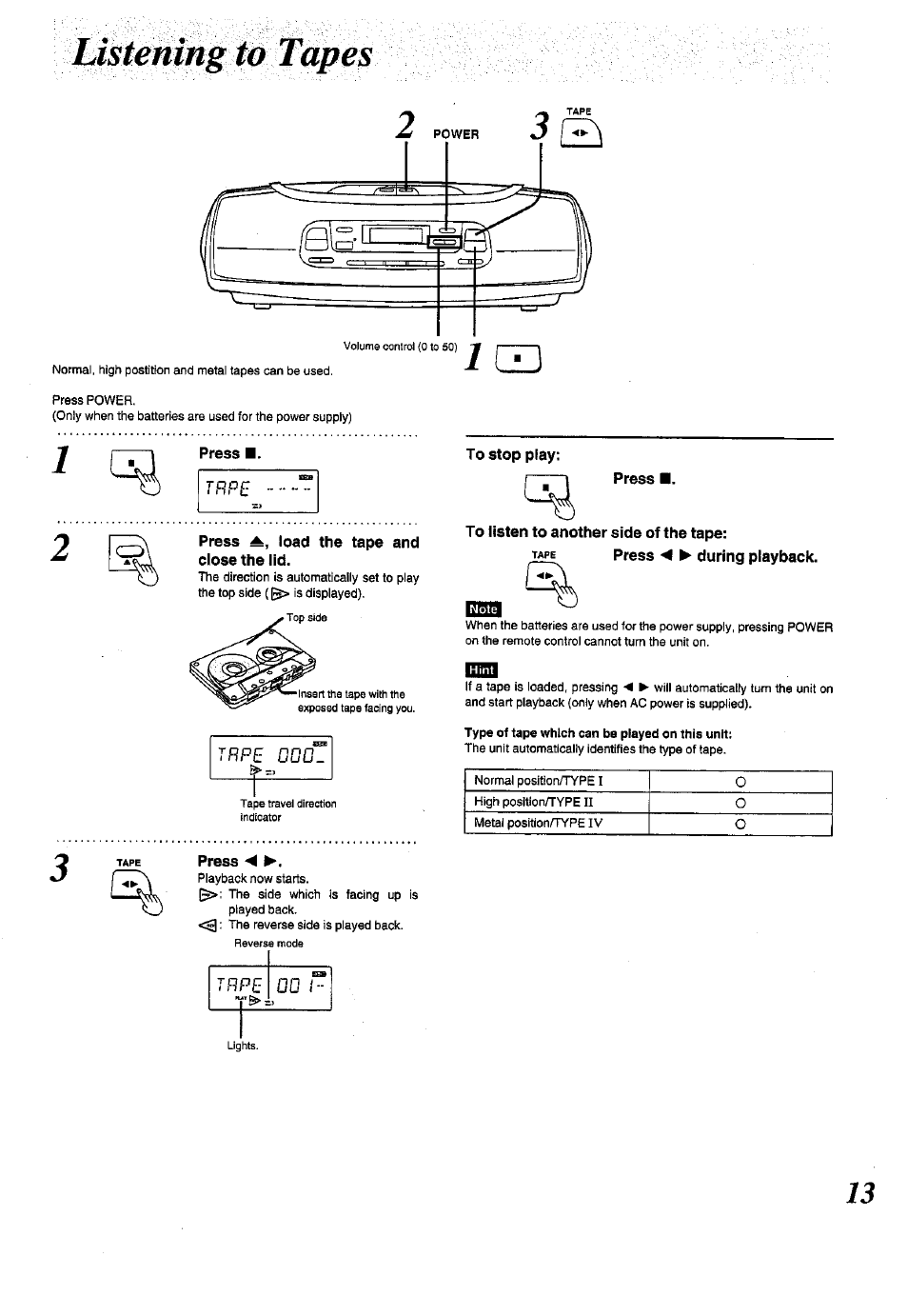 Listening to tapes, Press, Press load the tape and close the lid | To stop play, To listen to another side of the tape, Tape press ◄ ► during playback, Cedi, Pe do | Panasonic RX-ES50 User Manual | Page 13 / 32