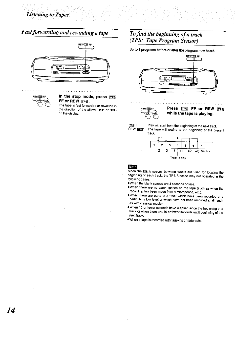 In the stop mode, press ffor rew sen, Press sei ff or rew while the tape is playing | Panasonic RX-ES50 User Manual | Page 14 / 32