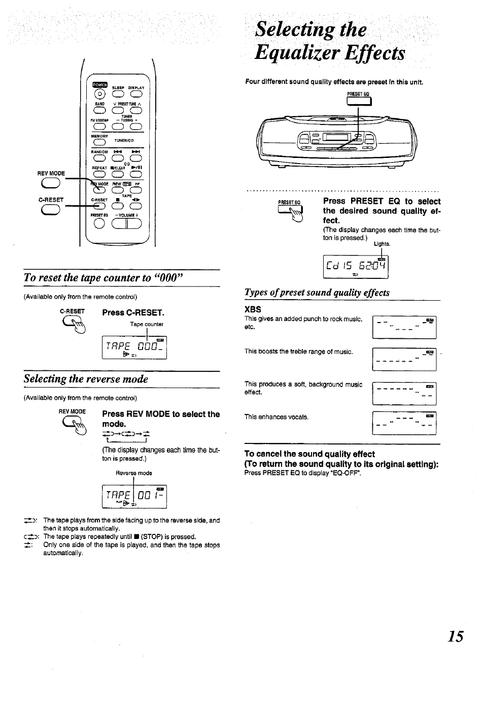 C-reset press c-reset, Press rev mode to select the mode, To cancel the sound quality effect | О cd, Тпре ddo, Selecting the reverse mode | Panasonic RX-ES50 User Manual | Page 15 / 32