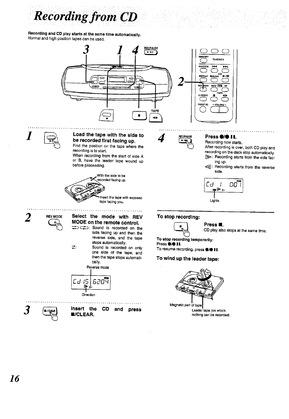 Press #/• 11, Insert the cd and press ■/clear, To stop recording | Press, To wind up the leader tape, Ld 15 бс^'ич, Cz) cid cz), Cd i | Panasonic RX-ES50 User Manual | Page 16 / 32