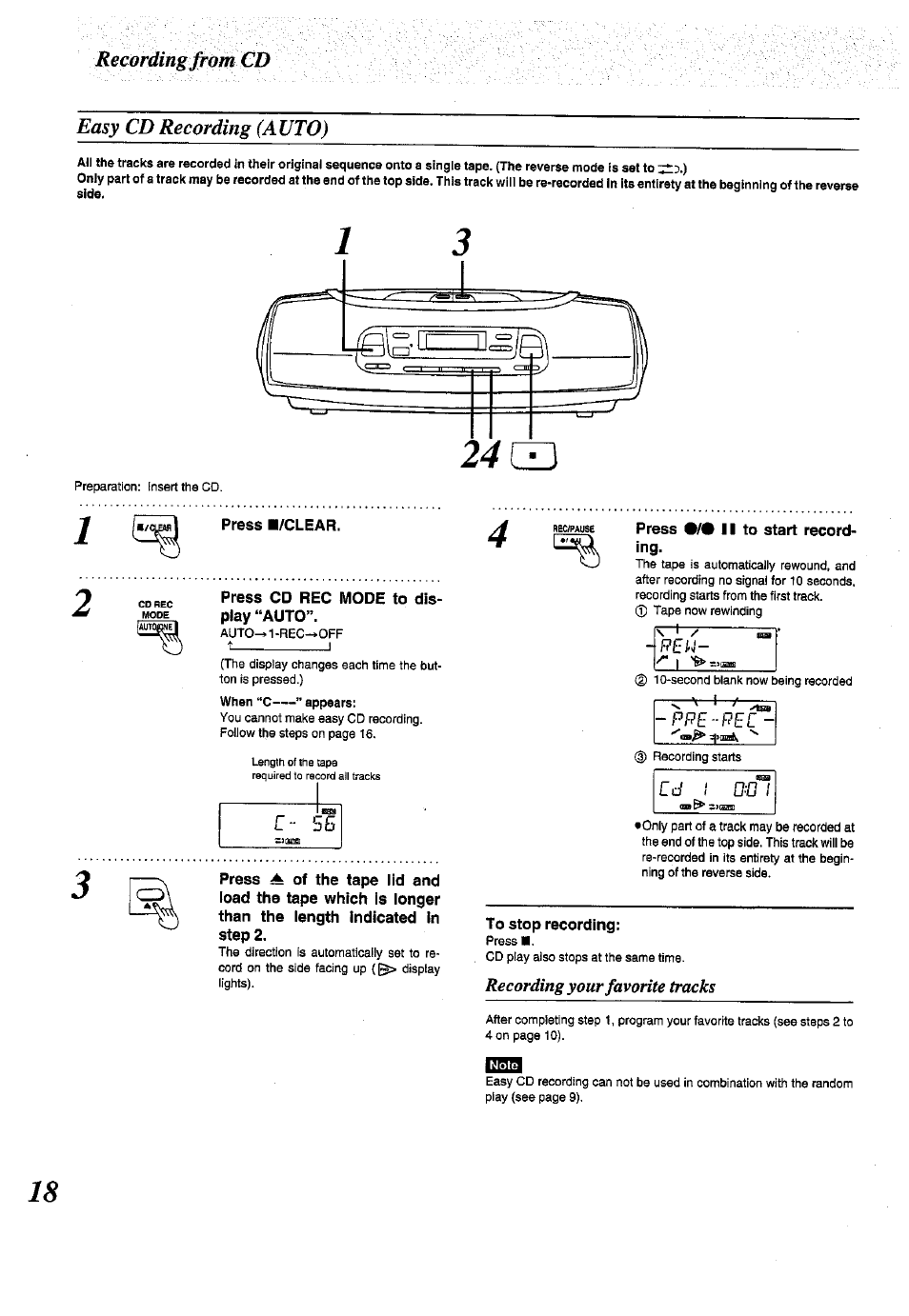 Recording from cd easy cd recording (auto), P e t j | Panasonic RX-ES50 User Manual | Page 18 / 32