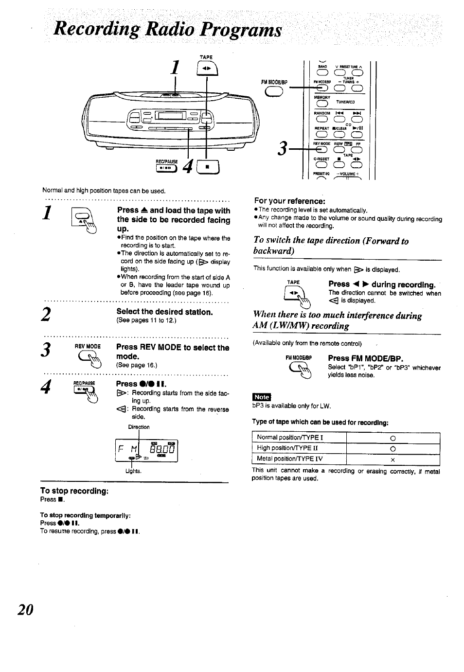 To stop recording, For your reference, Press m > during recording | Press fm mode/bp, Э о о | Panasonic RX-ES50 User Manual | Page 20 / 32