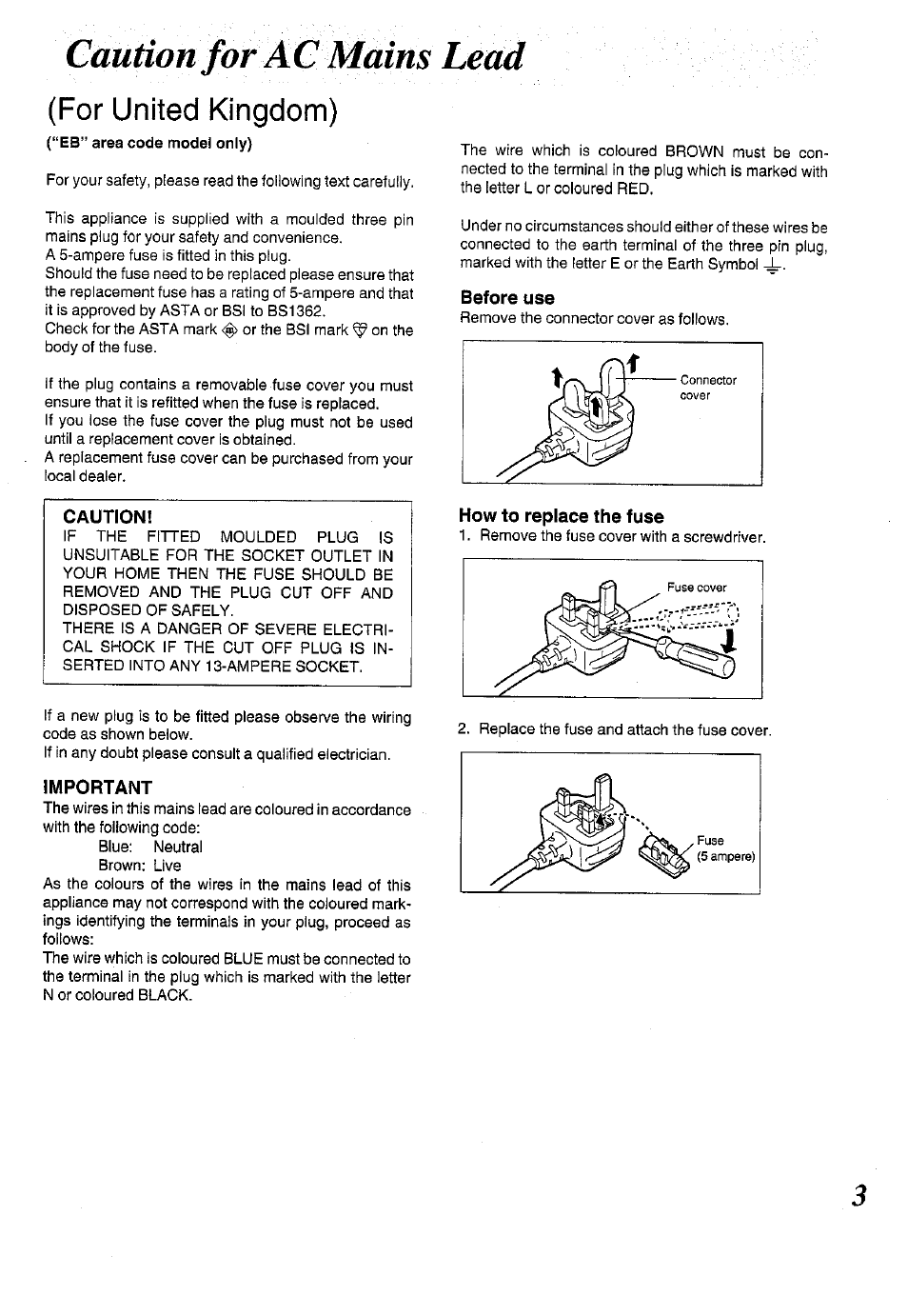 Caution, Important, Before use | How to replace the fuse, For united kingdom) | Panasonic RX-ES50 User Manual | Page 3 / 32