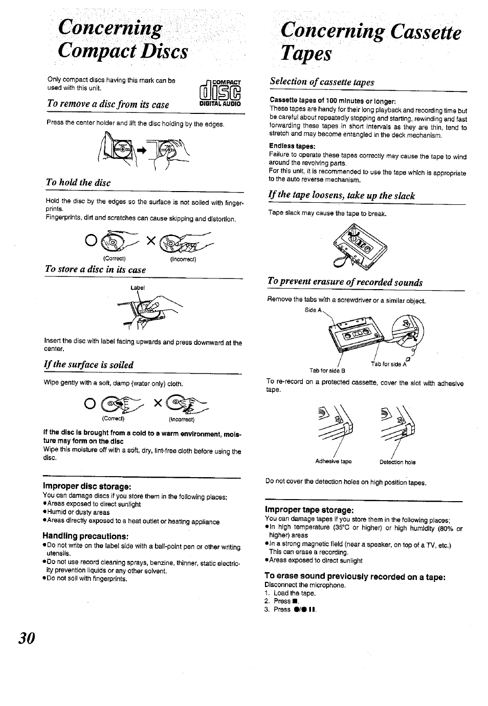 Womerning cassette, Improper disc storage, Handling precautions | Improper tape storage, To erase sound previously recorded on a tape | Panasonic RX-ES50 User Manual | Page 30 / 32