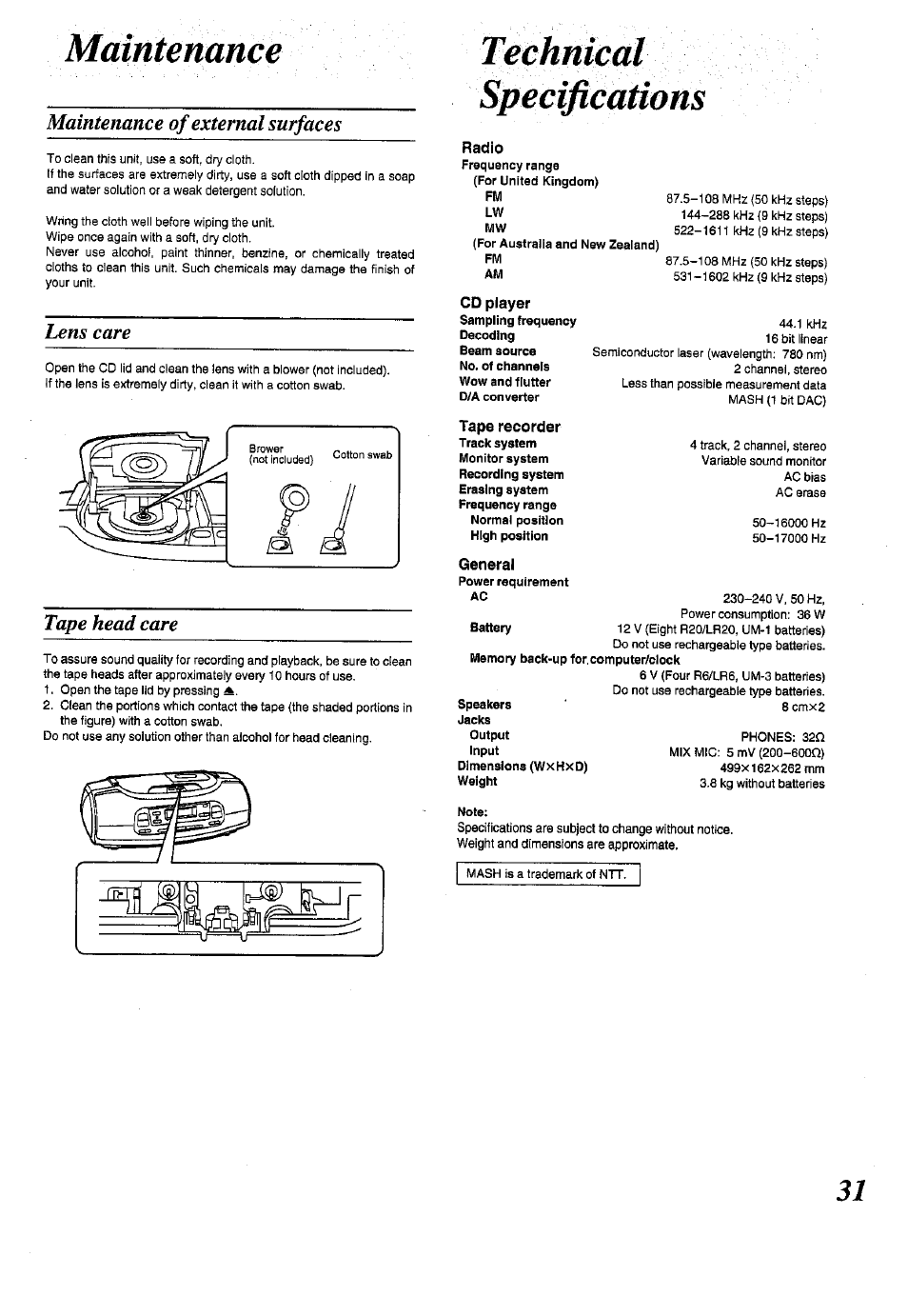 Radio, Cd player, Tape recorder | General, Maintenance, Technical, Maintenance of external surfaces, Lens care, Tape head care | Panasonic RX-ES50 User Manual | Page 31 / 32