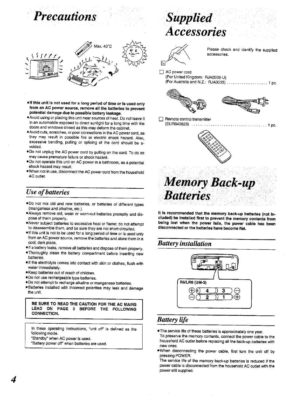 Precautions, Accessories, Memory back-up batteries | Use of batteries, Battery installation, Battery life | Panasonic RX-ES50 User Manual | Page 4 / 32