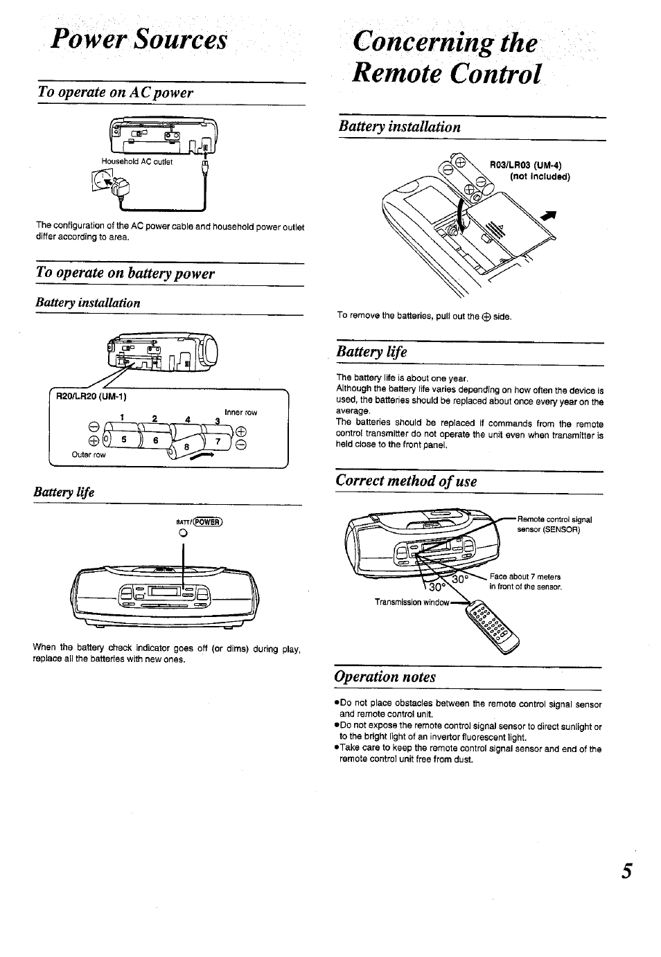 Power sources, Remote control | Panasonic RX-ES50 User Manual | Page 5 / 32