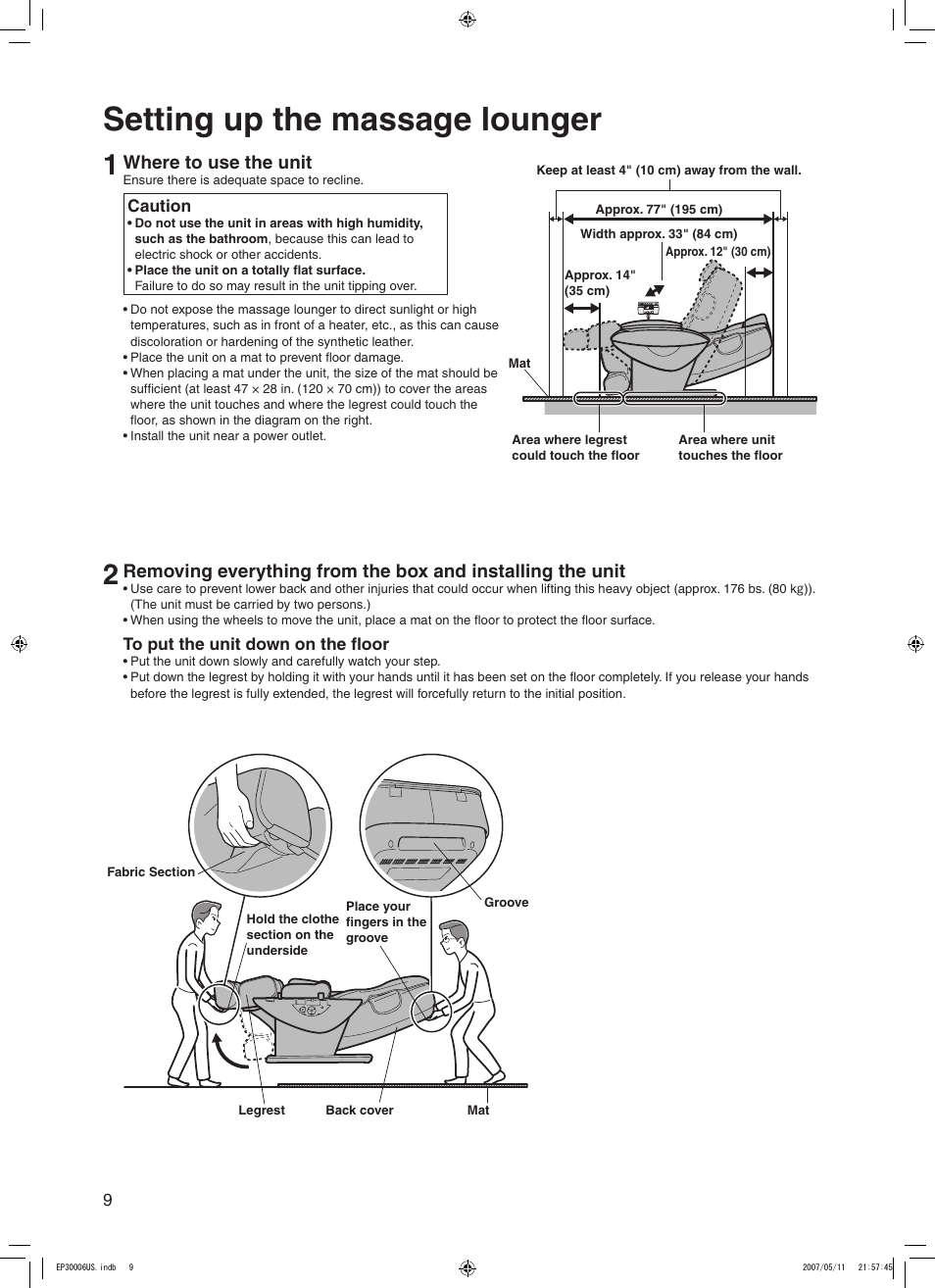 Setting up the massage lounger | Panasonic EP30006 User Manual | Page 12 / 52