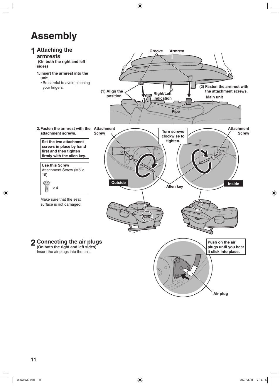 Assembly, Attaching the armrests, Connecting the air plugs | Panasonic EP30006 User Manual | Page 14 / 52