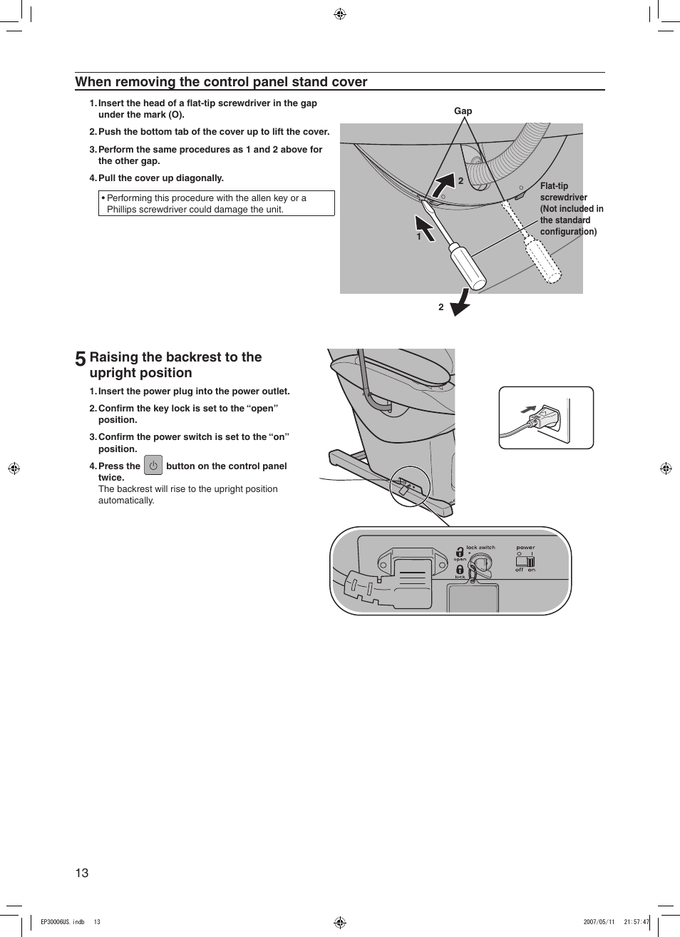 When removing the control panel stand cover, Raising the backrest to the upright position | Panasonic EP30006 User Manual | Page 16 / 52