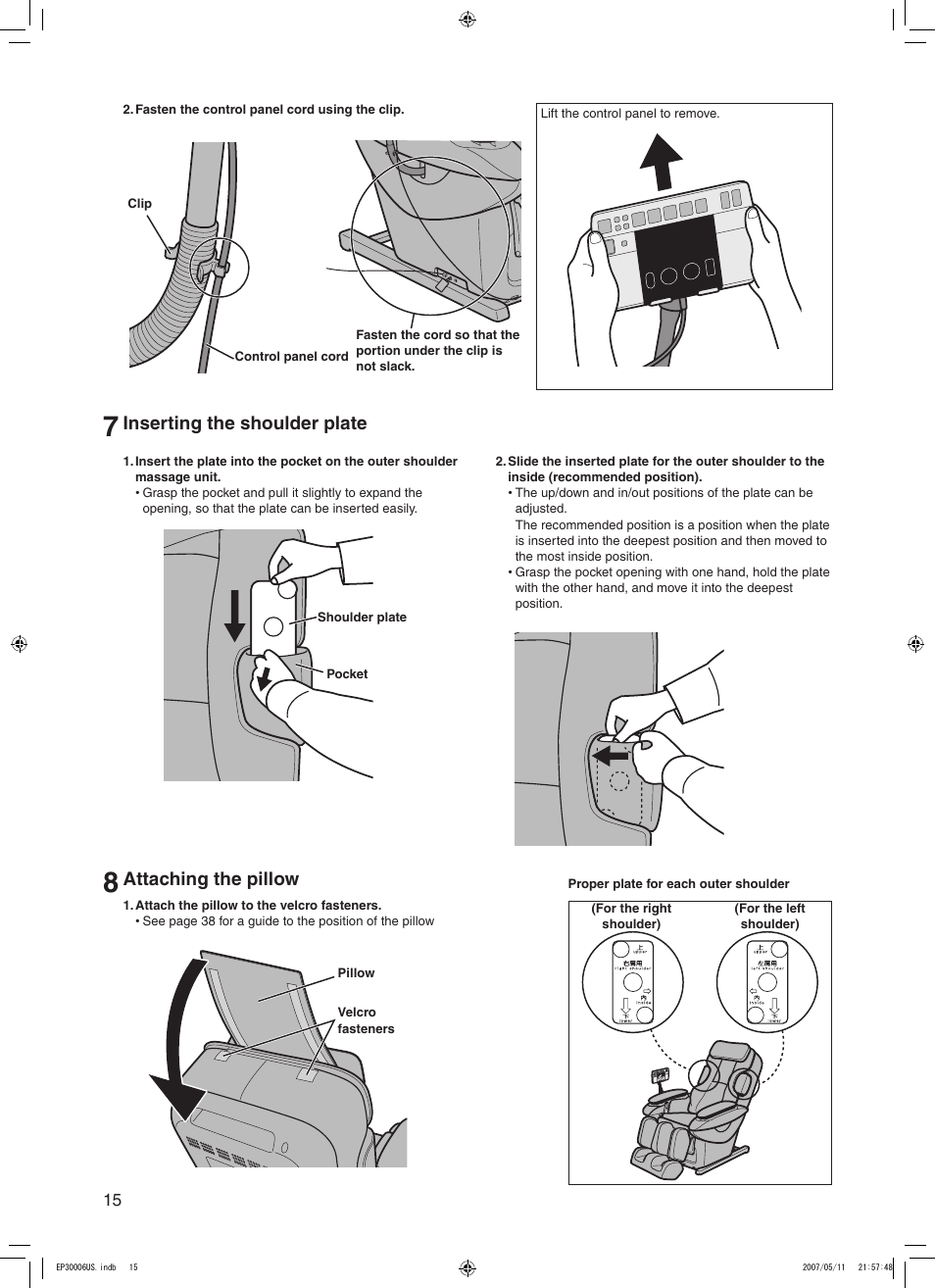 Attaching the pillow, Inserting the shoulder plate | Panasonic EP30006 User Manual | Page 18 / 52