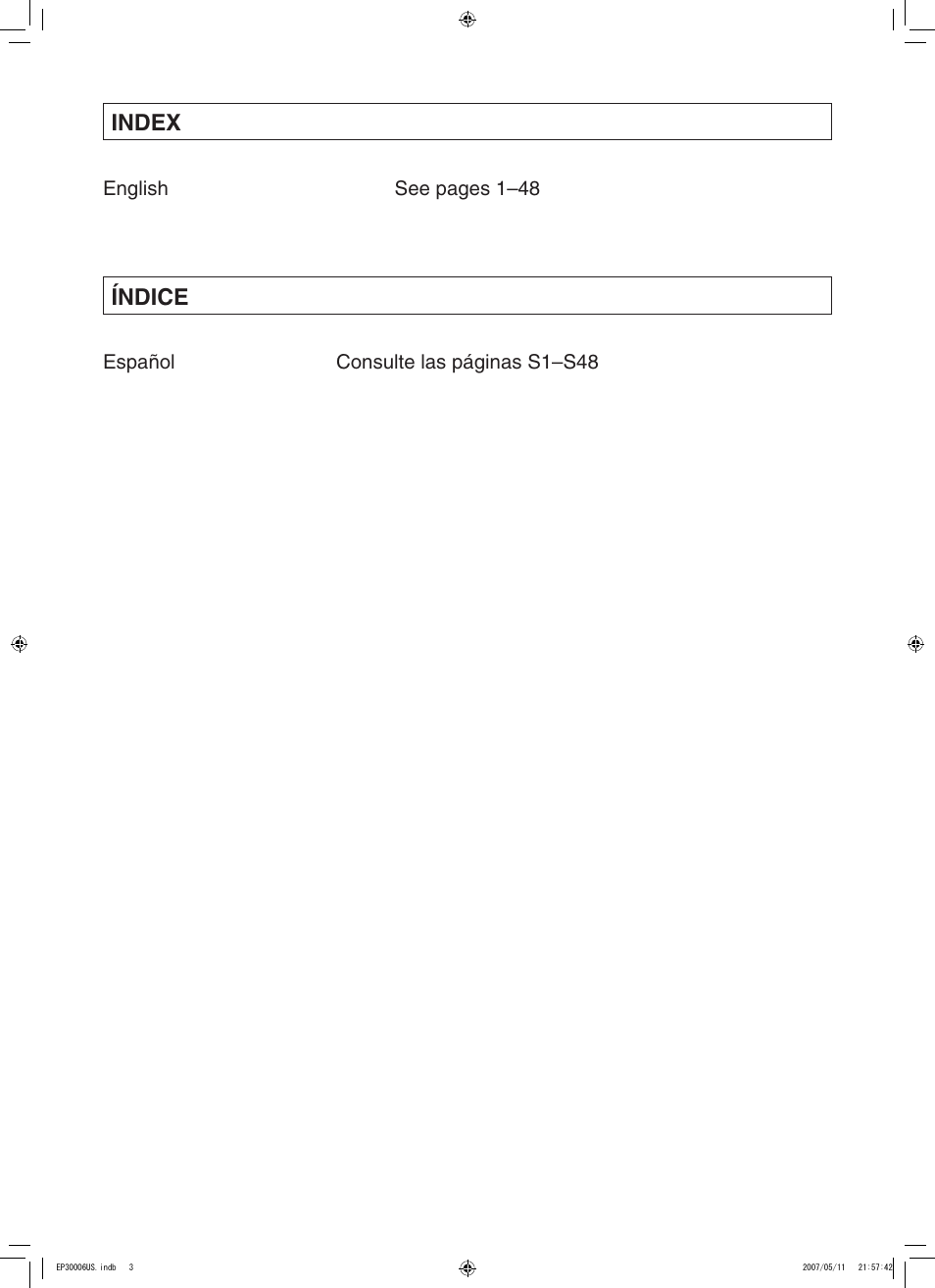 Index, Índice | Panasonic EP30006 User Manual | Page 3 / 52