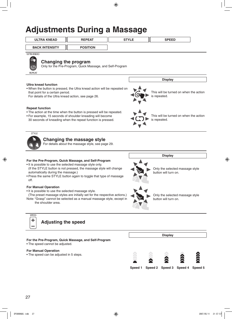 Adjustments during a massage, Changing the program, Changing the massage style | Adjusting the speed | Panasonic EP30006 User Manual | Page 30 / 52