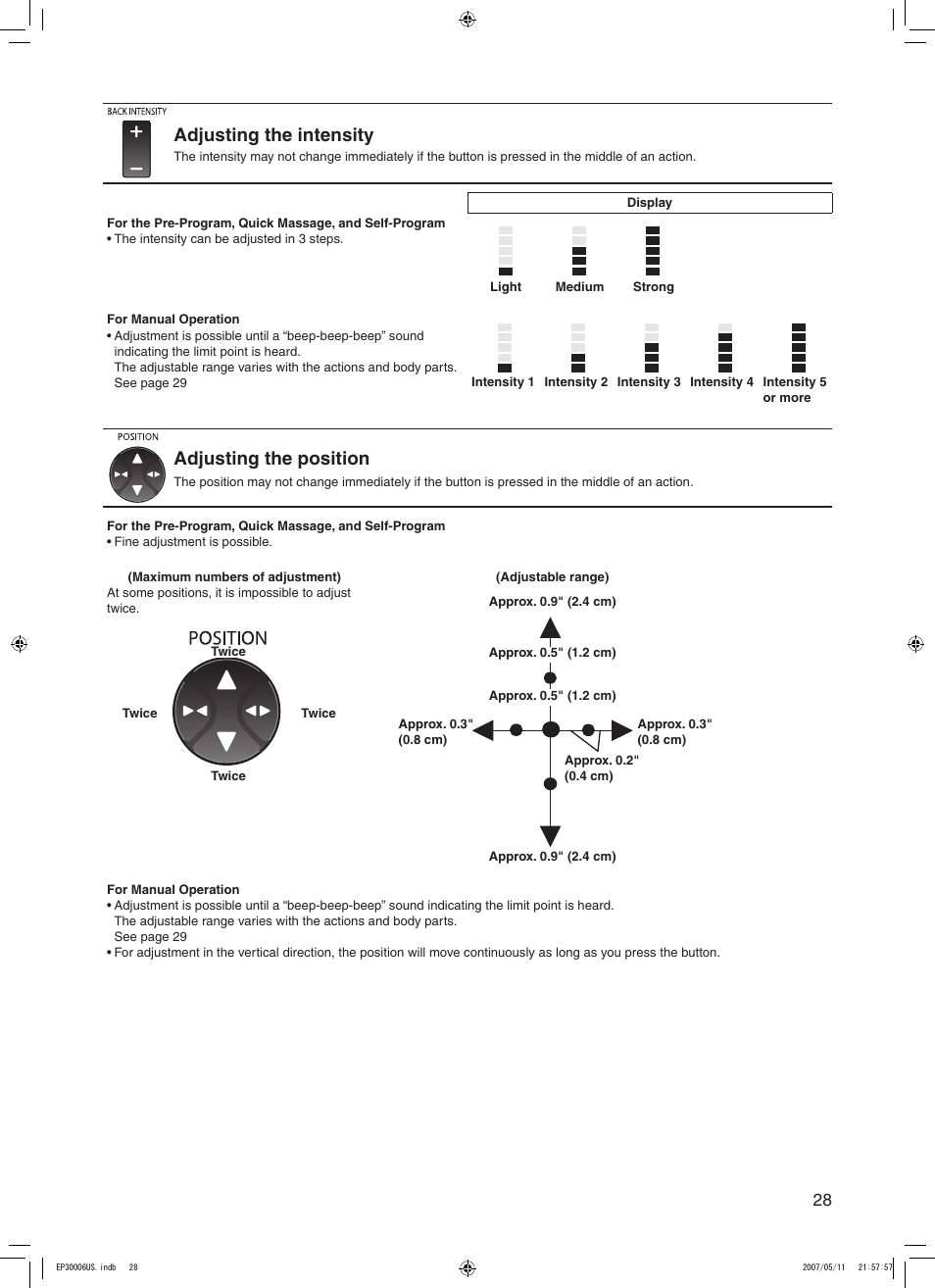 Adjusting the intensity, Adjusting the position | Panasonic EP30006 User Manual | Page 31 / 52