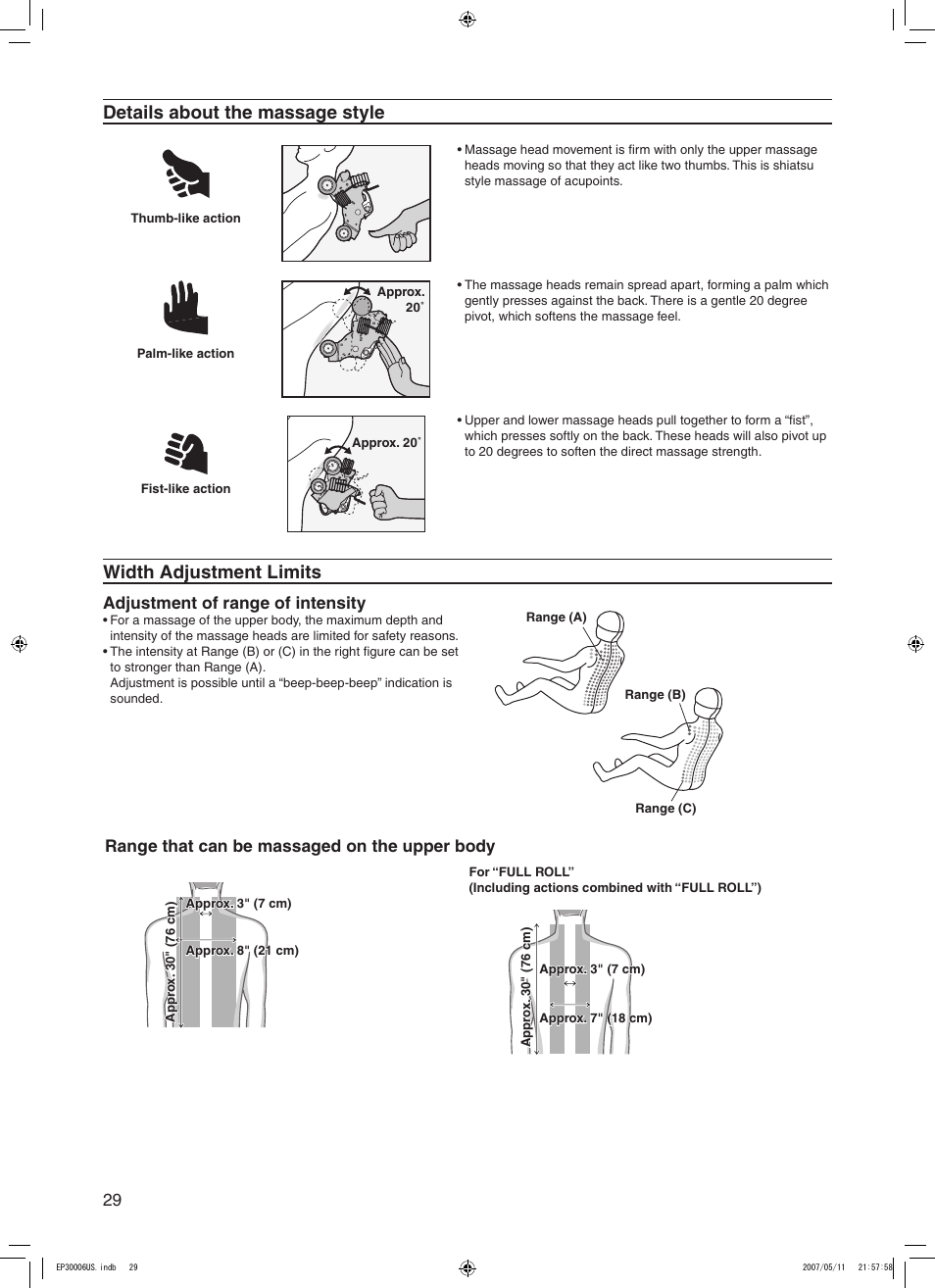 Details about the massage style, Width adjustment limits, Adjustment of range of intensity | Range that can be massaged on the upper body | Panasonic EP30006 User Manual | Page 32 / 52