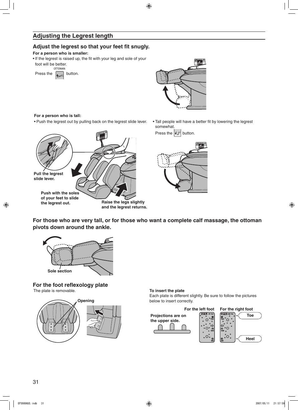 Adjusting the legrest length, Adjust the legrest so that your feet fit snugly, For the foot reflexology plate | Panasonic EP30006 User Manual | Page 34 / 52