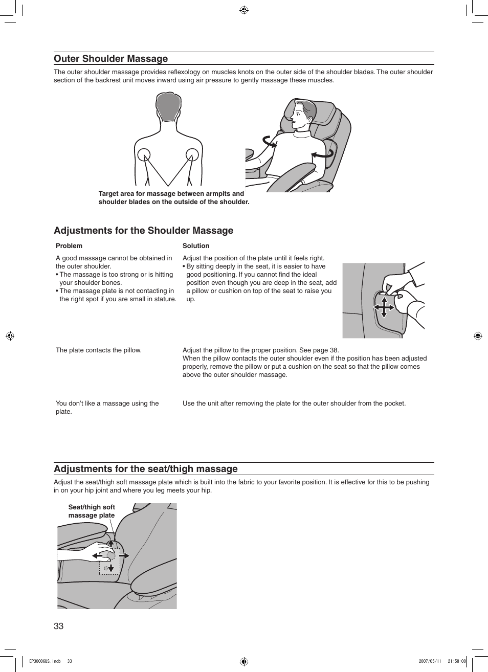 Outer shoulder massage, Adjustments for the shoulder massage, Adjustments for the seat/thigh massage | Panasonic EP30006 User Manual | Page 36 / 52