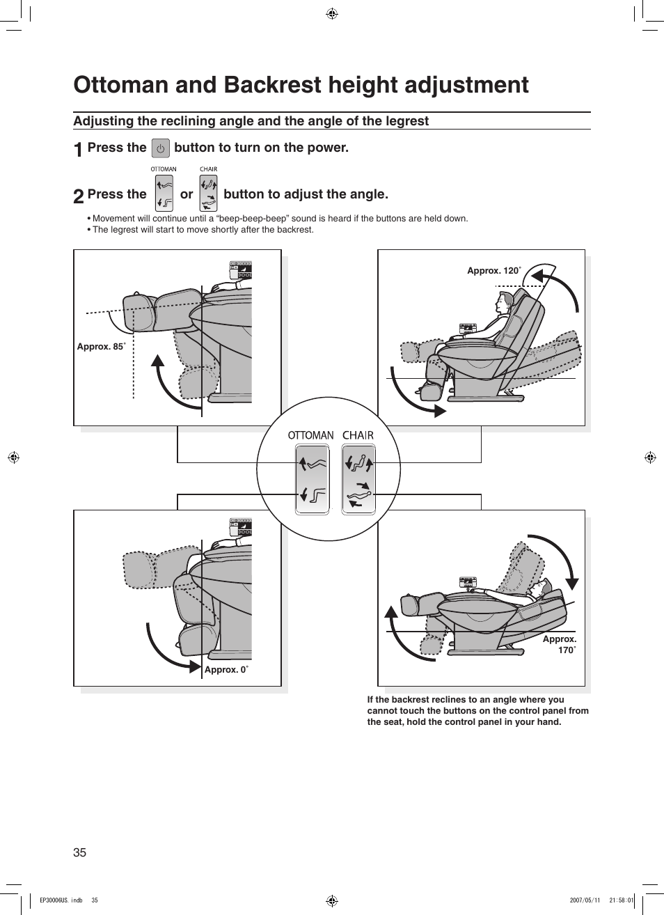 Ottoman and backrest height adjustment | Panasonic EP30006 User Manual | Page 38 / 52