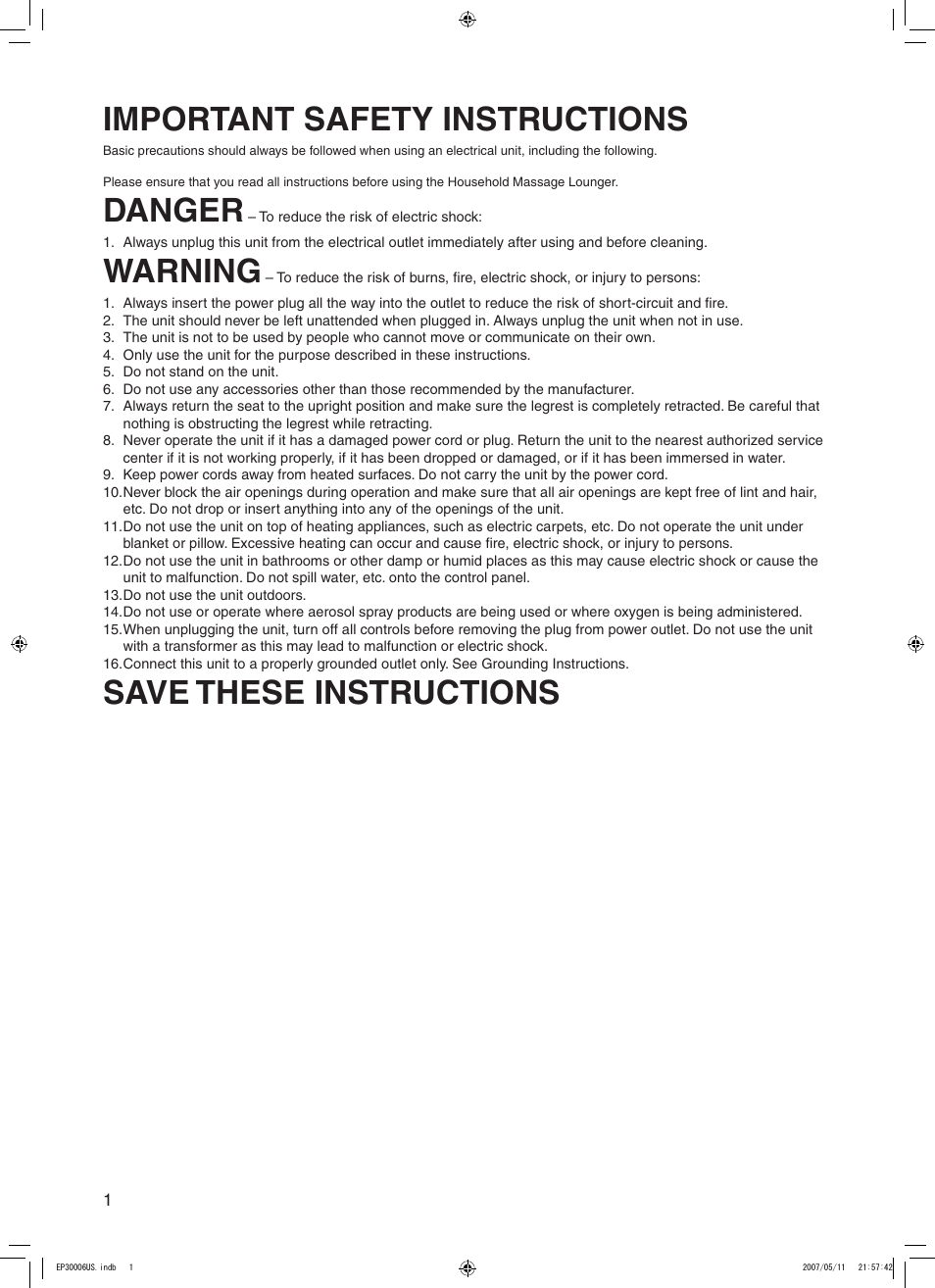 Important safety instructions, Danger, Warning | Save these instructions | Panasonic EP30006 User Manual | Page 4 / 52