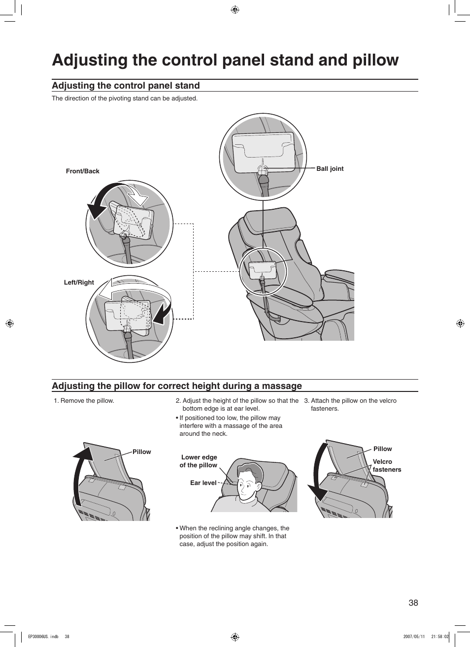 Adjusting the control panel stand and pillow, Adjusting the control panel stand | Panasonic EP30006 User Manual | Page 41 / 52