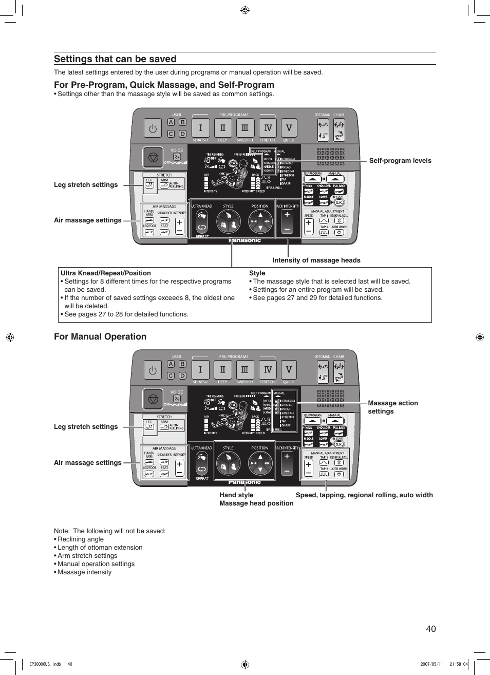 Settings that can be saved, For pre-program, quick massage, and self-program, For manual operation | Panasonic EP30006 User Manual | Page 43 / 52