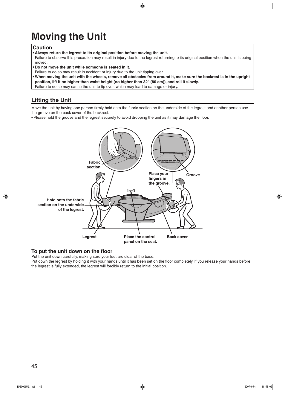 Moving the unit, Lifting the unit | Panasonic EP30006 User Manual | Page 48 / 52