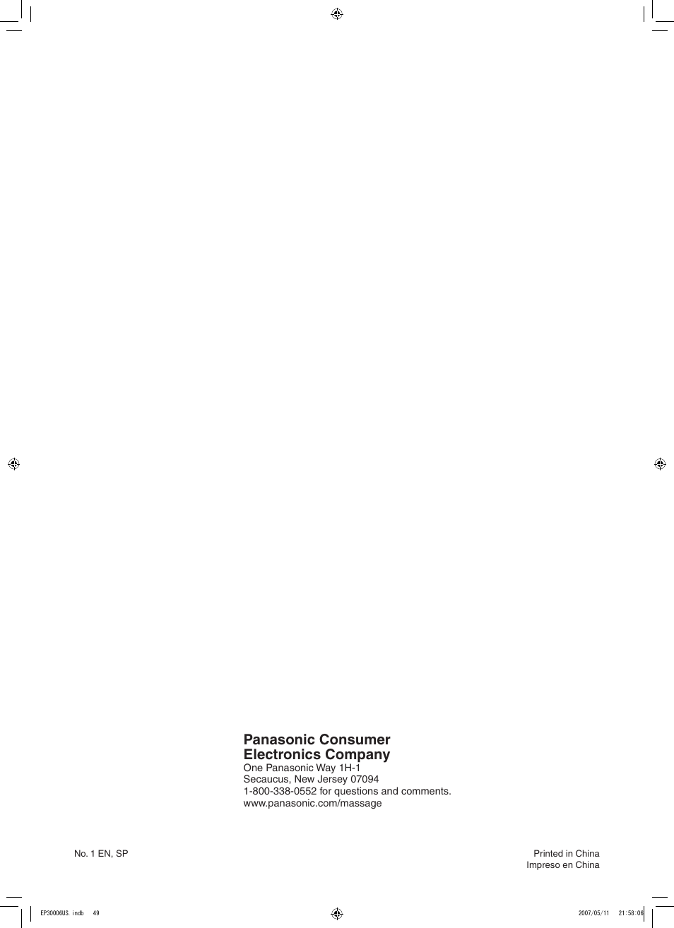 Panasonic consumer electronics company | Panasonic EP30006 User Manual | Page 52 / 52