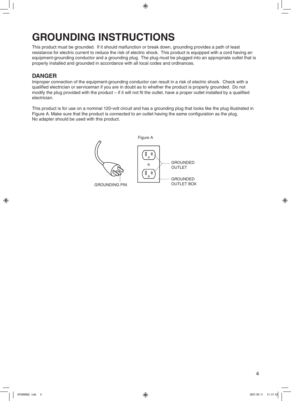 Grounding instructions | Panasonic EP30006 User Manual | Page 7 / 52