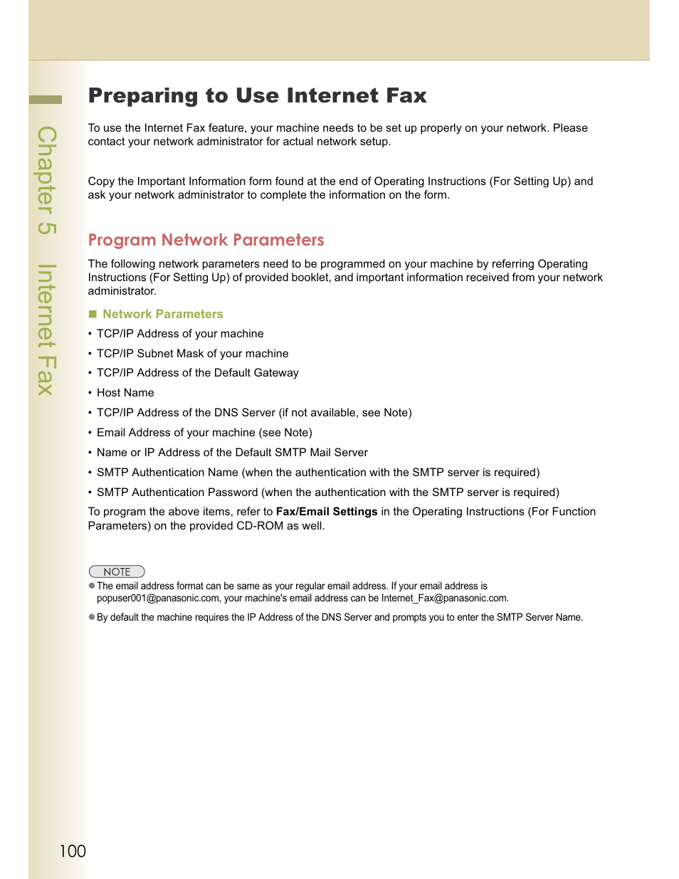 Chapter 5 internet fax, Preparing to use internet fax, Program network parameters | Panasonic WORKIO DP-C262 User Manual | Page 100 / 148