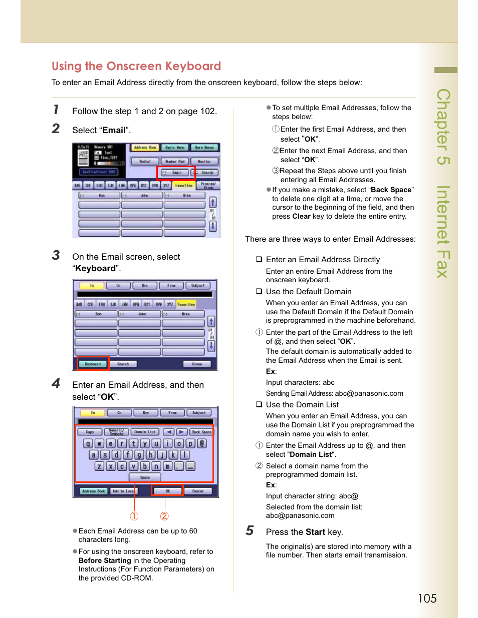 Chapter 5 internet fax, Using the onscreen keyboard | Panasonic WORKIO DP-C262 User Manual | Page 105 / 148
