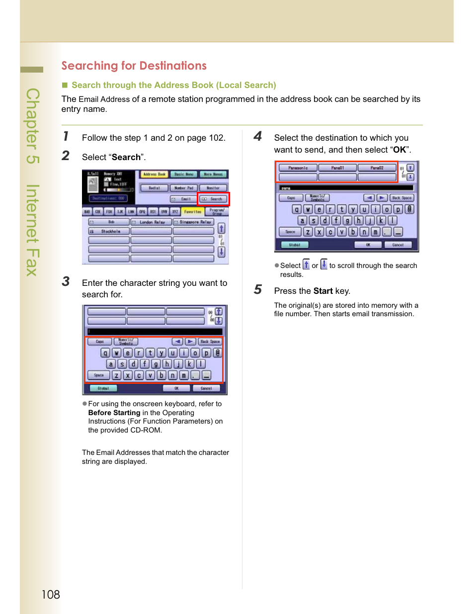 Chapter 5 internet fax, Searching for destinations | Panasonic WORKIO DP-C262 User Manual | Page 108 / 148