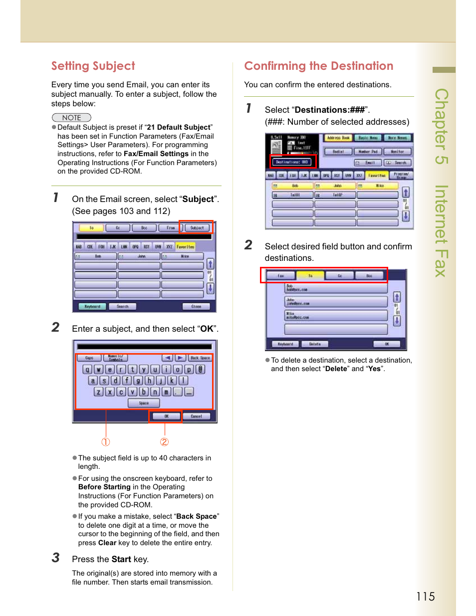 Chapter 5 internet fax, Setting subject, Confirming the destination | Panasonic WORKIO DP-C262 User Manual | Page 115 / 148