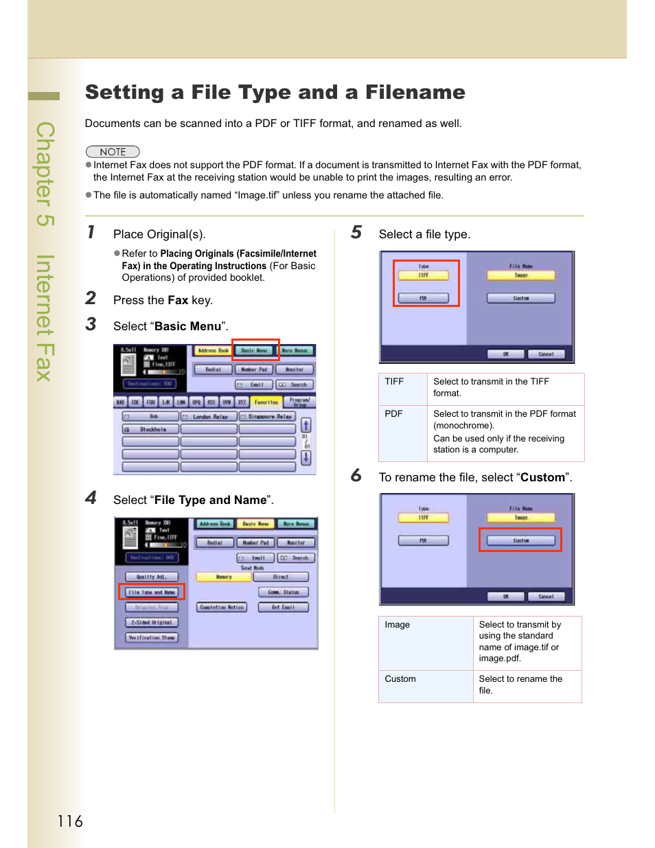 Chapter 5 internet fax, Setting a file type and a filename | Panasonic WORKIO DP-C262 User Manual | Page 116 / 148
