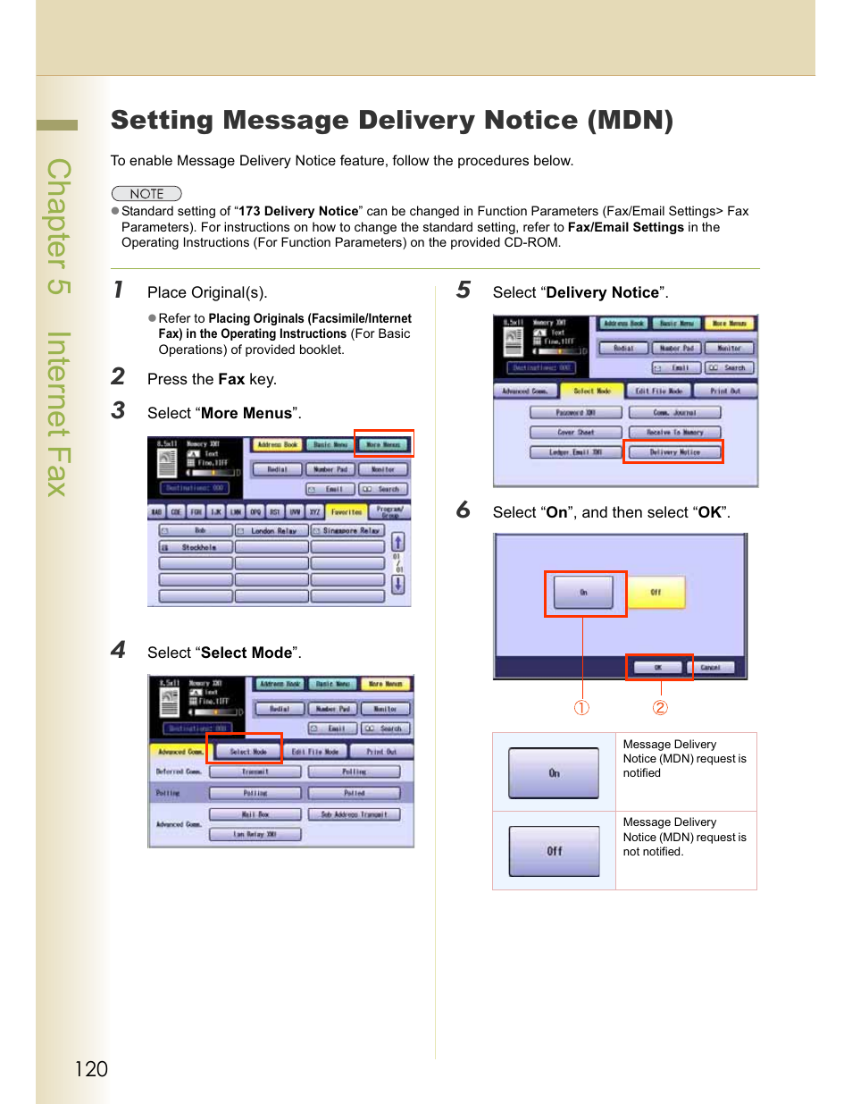 Chapter 5 internet fax, Setting message delivery notice (mdn) | Panasonic WORKIO DP-C262 User Manual | Page 120 / 148