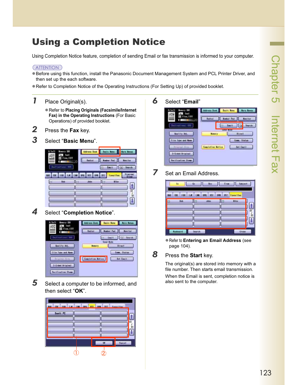 Chapter 5 internet fax, Using a completion notice | Panasonic WORKIO DP-C262 User Manual | Page 123 / 148