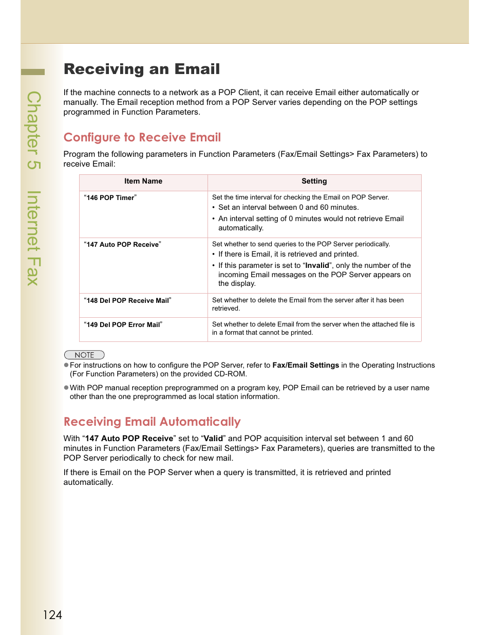 Chapter 5 internet fax, Receiving an email, Configure to receive email | Receiving email automatically | Panasonic WORKIO DP-C262 User Manual | Page 124 / 148
