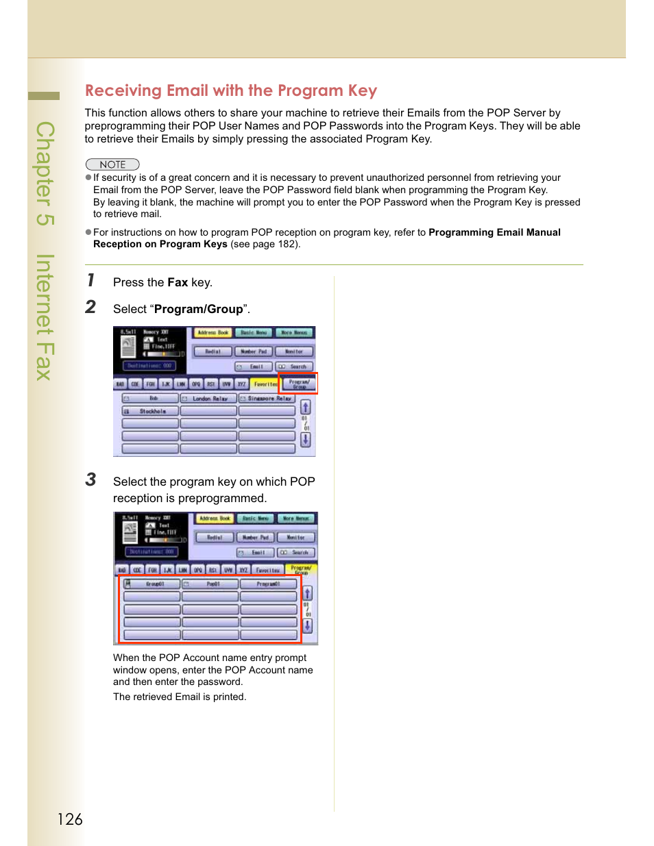 Chapter 5 internet fax, Receiving email with the program key | Panasonic WORKIO DP-C262 User Manual | Page 126 / 148