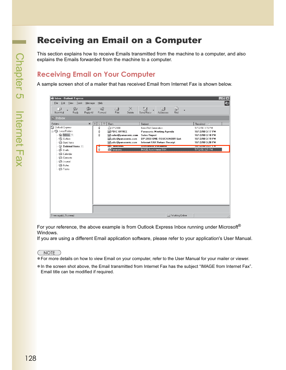 Chapter 5 internet fax, Receiving an email on a computer, Receiving email on your computer | Panasonic WORKIO DP-C262 User Manual | Page 128 / 148