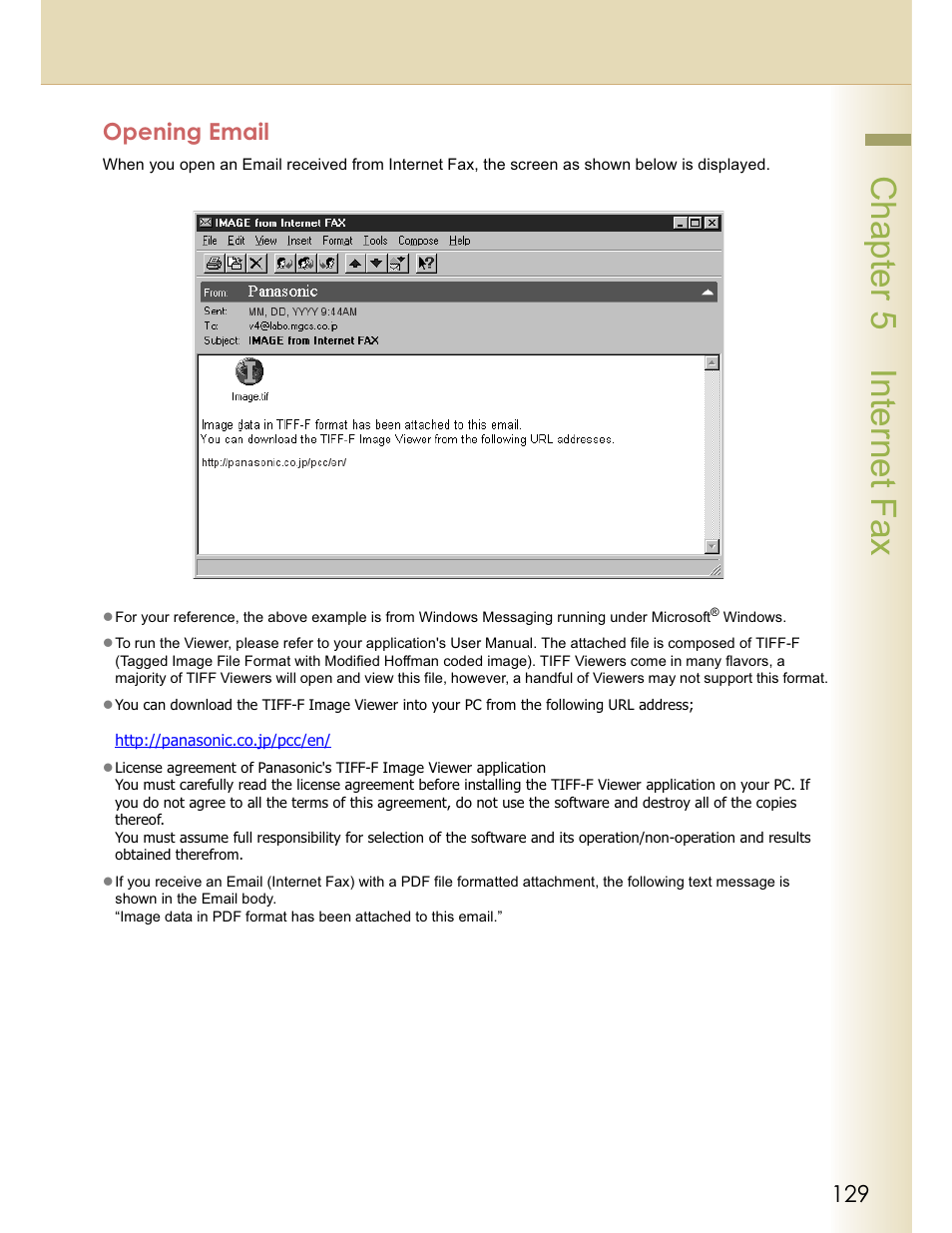 Chapter 5 internet fax, Opening email | Panasonic WORKIO DP-C262 User Manual | Page 129 / 148