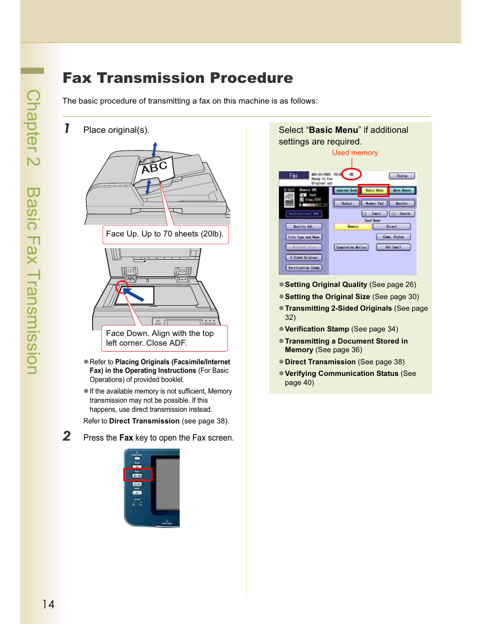 Chapter 2 basic fax transmission, Fax transmission procedure | Panasonic WORKIO DP-C262 User Manual | Page 14 / 148