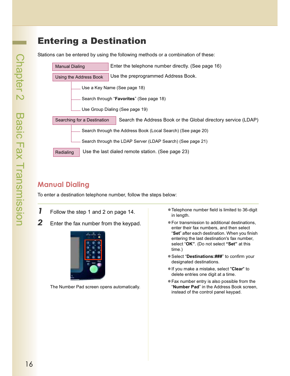 Chapter 2 basic fax transmission, Entering a destination, Manual dialing | Panasonic WORKIO DP-C262 User Manual | Page 16 / 148