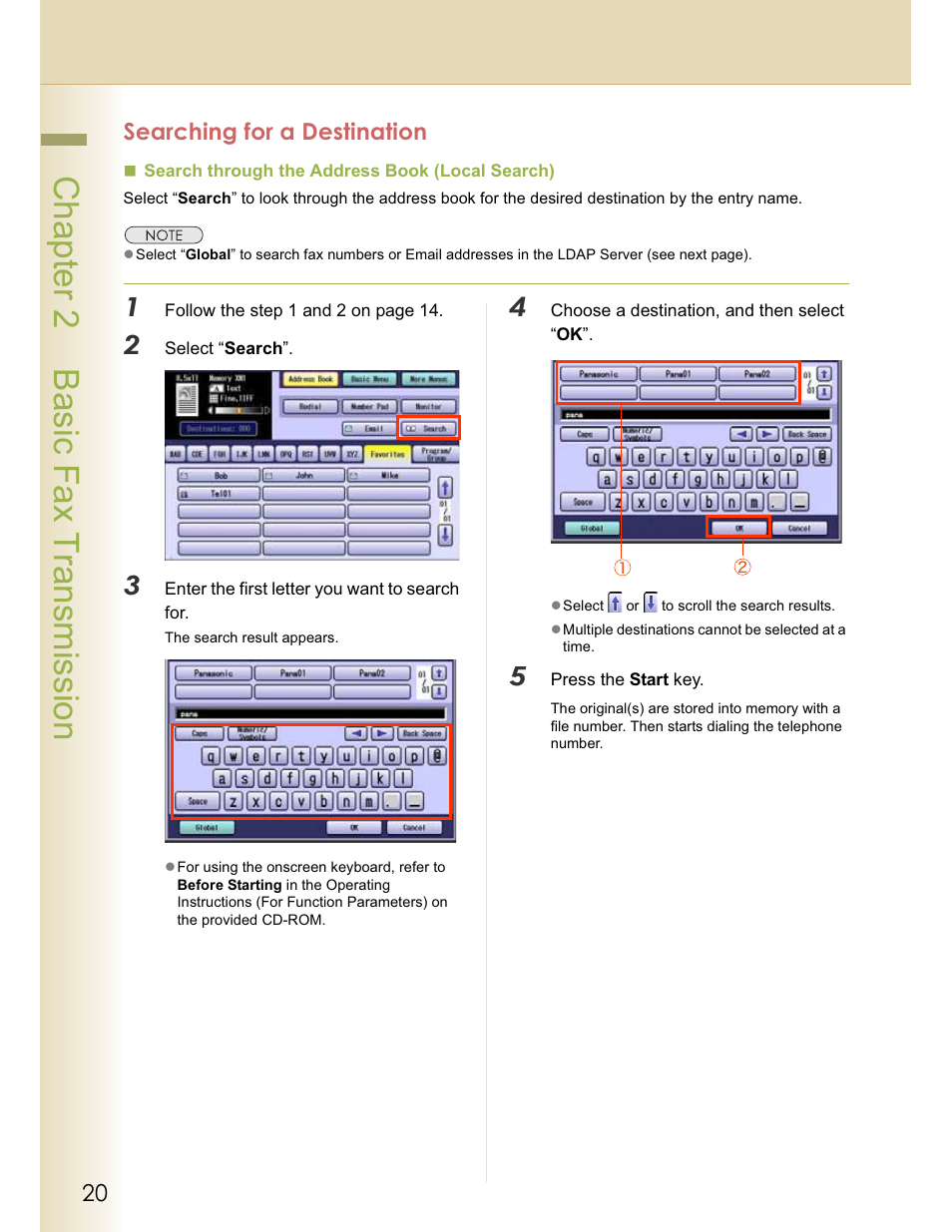 Chapter 2 basic fax transmission, Searching for a destination | Panasonic WORKIO DP-C262 User Manual | Page 20 / 148