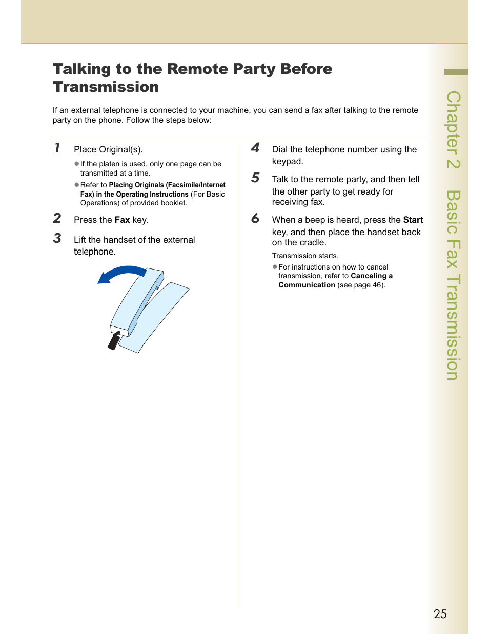 Chapter 2 basic fax transmission, Talking to the remote party before transmission | Panasonic WORKIO DP-C262 User Manual | Page 25 / 148