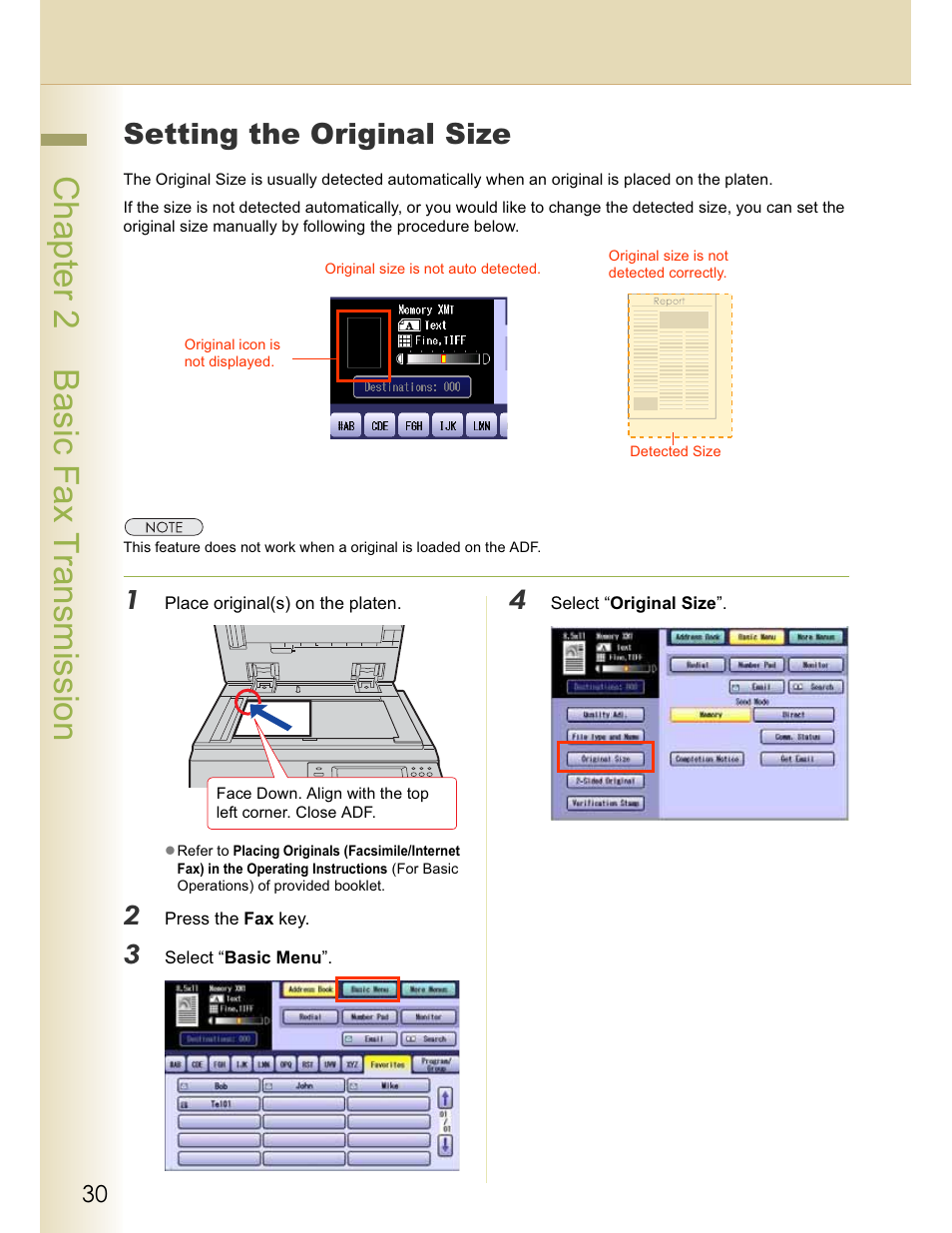 Chapter 2 basic fax transmission, Setting the original size | Panasonic WORKIO DP-C262 User Manual | Page 30 / 148