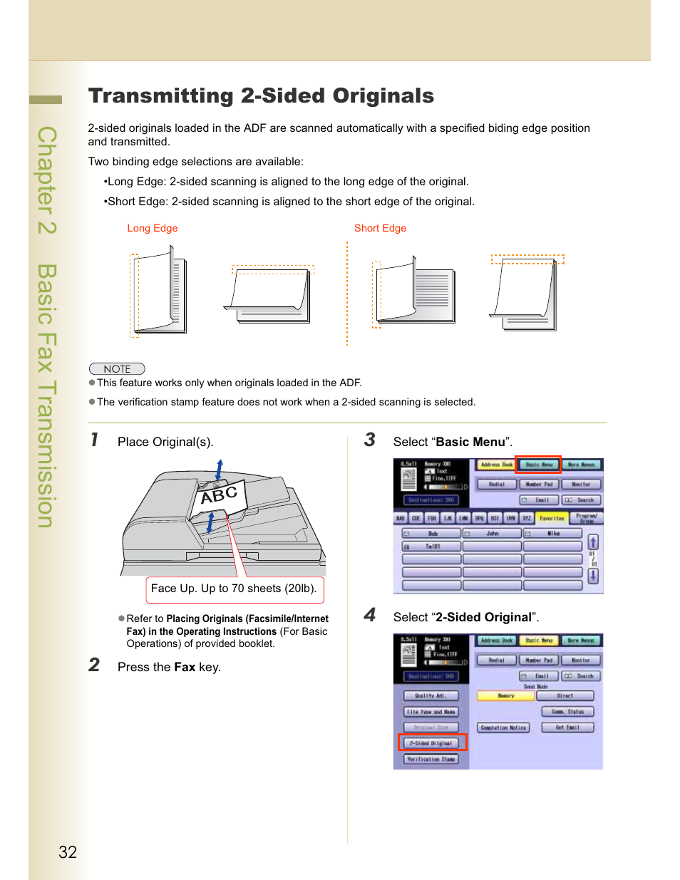Chapter 2 basic fax transmission, Transmitting 2-sided originals | Panasonic WORKIO DP-C262 User Manual | Page 32 / 148
