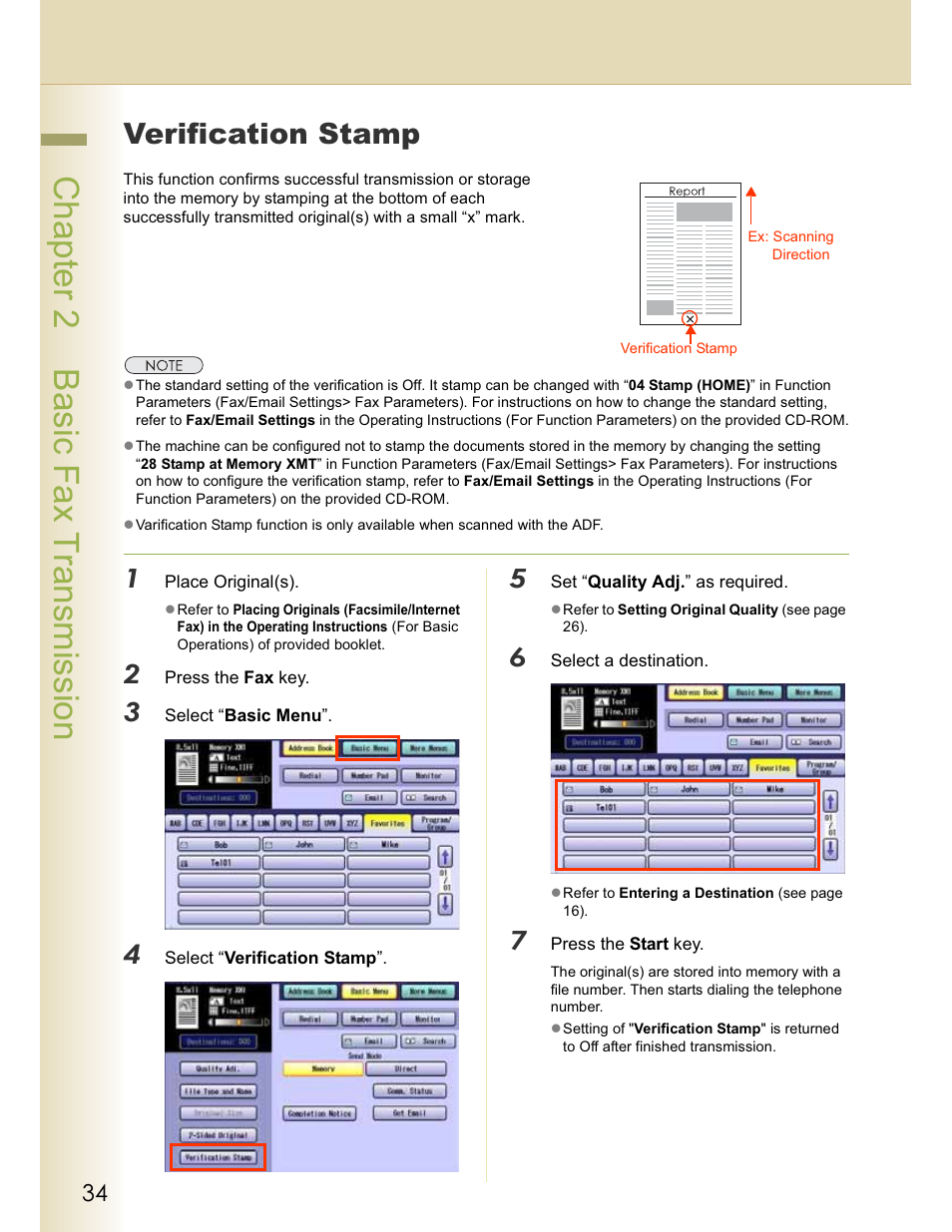 Chapter 2 basic fax transmission, Verification stamp | Panasonic WORKIO DP-C262 User Manual | Page 34 / 148
